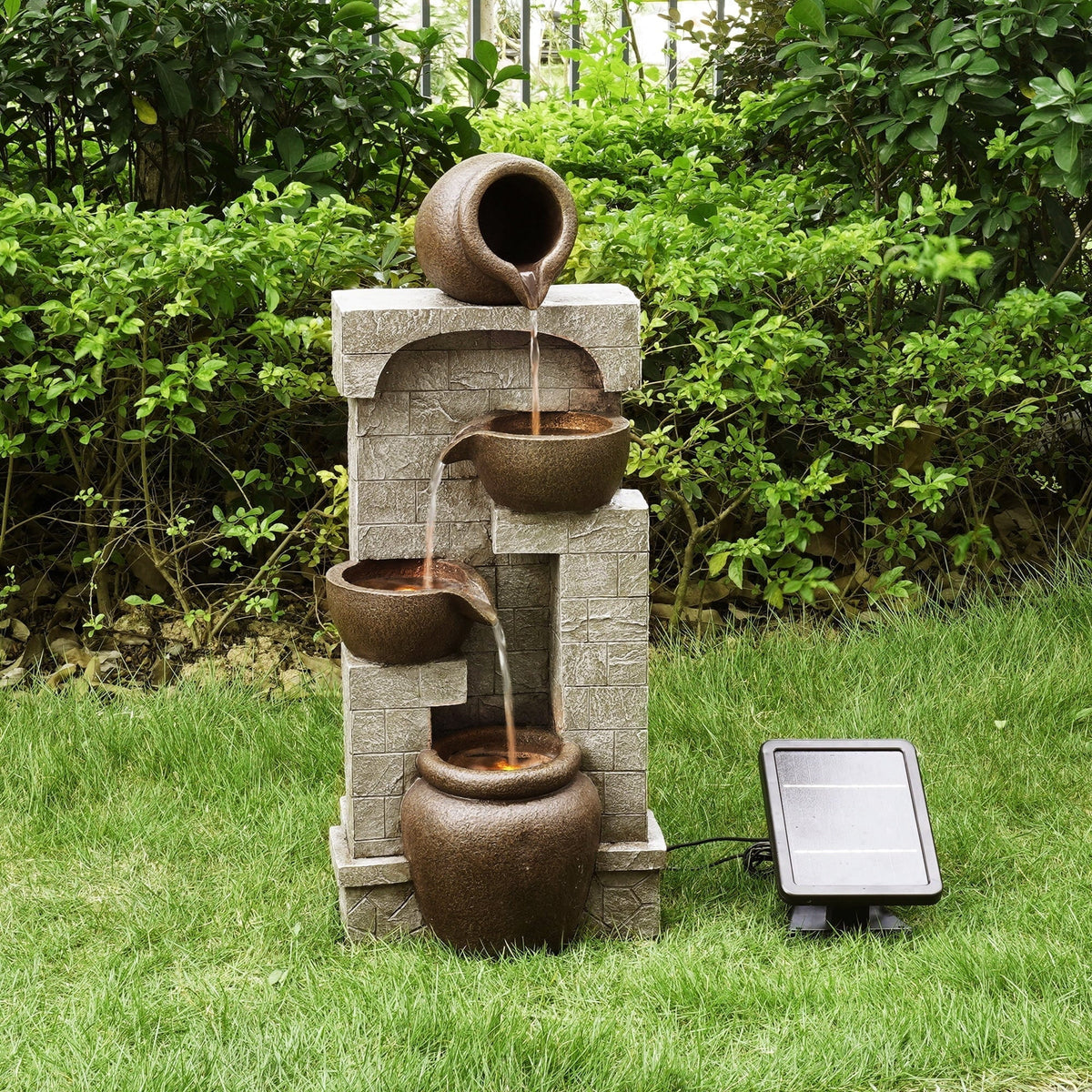 Teamson Home Solar Powered 4-Tier Cascading Bowls Garden Water Fountain With LED Lights, Brown, 28.5 in