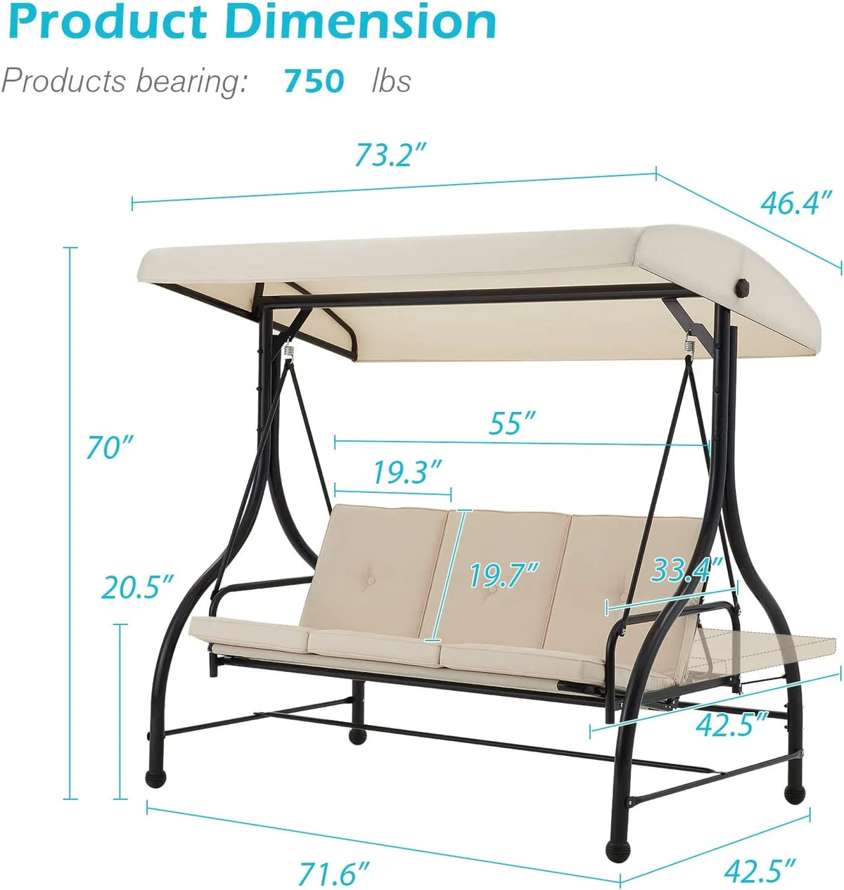 AECOJOY 3-Person Steel Canopy Porch Swing Glider Hammock