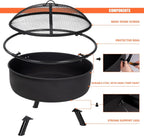 SUNCREAT 42-Inch Wood Burning Patio Fire Pit, Black, 42.1 Inch Diameter x 25.2 Inch High
