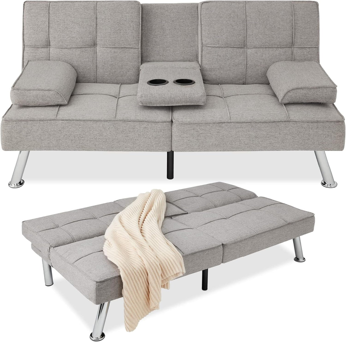 Best Choice Products Linen Upholstered Convertible Folding Futon Sofa Bed, Gray, 65.25in x 32in x 29in, 500 lbs