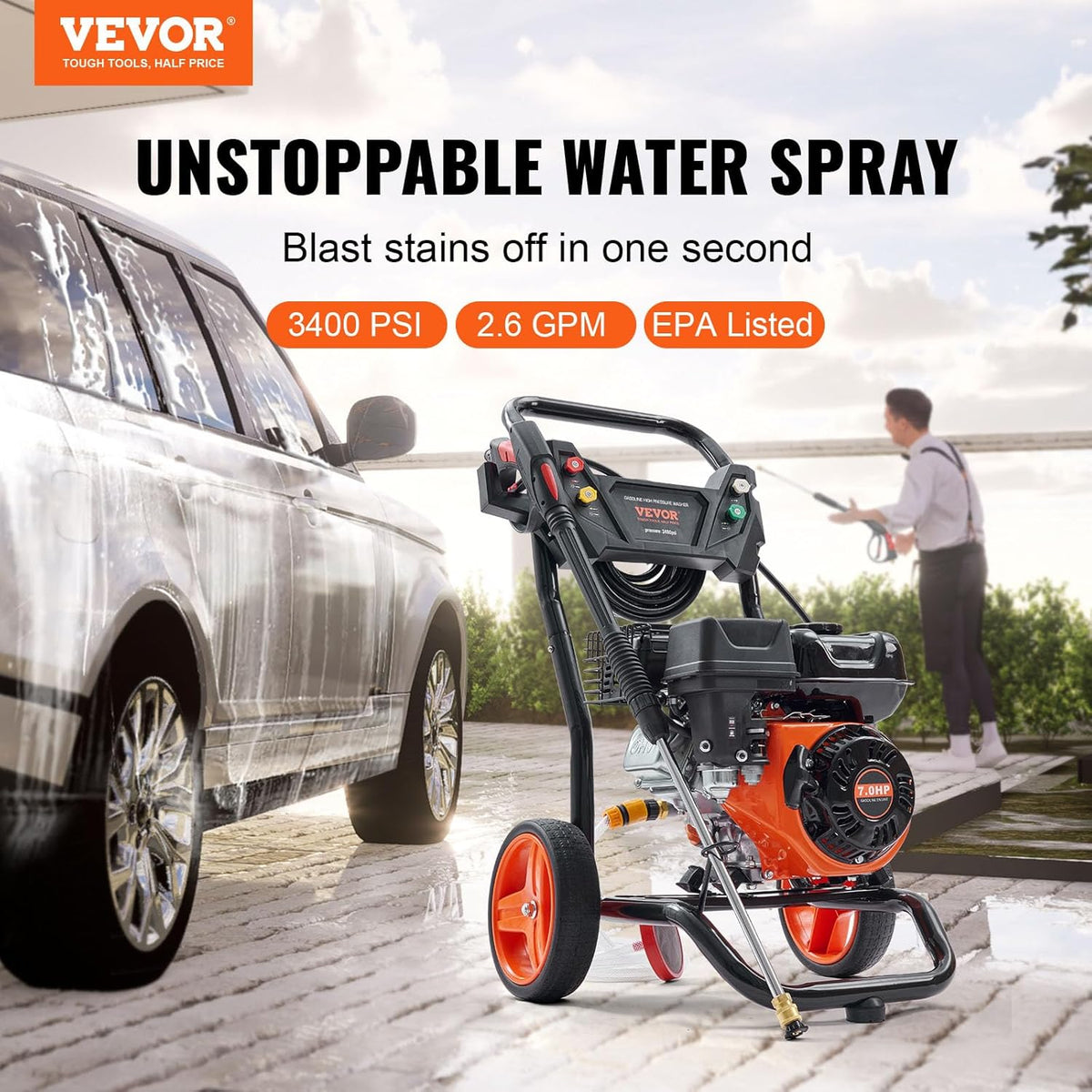 VEVOR Gas Powered Pressure Washer 3400 PSI 2.6 GPM With 5 Quick Connect Nozzles - Copper Pump