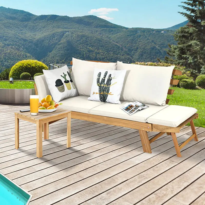 Acacia Wood Outdoor Convertible Daybed With Adjustable Armrests