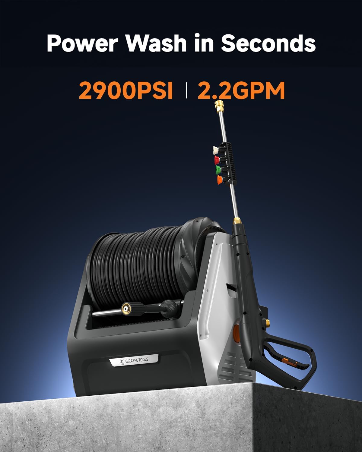 Giraffe Tools Wall Mounted Electric Pressure Washer, 1800W, 2900 PSI, 2.2 GPM, 100 ft Hose, 5 Nozzles