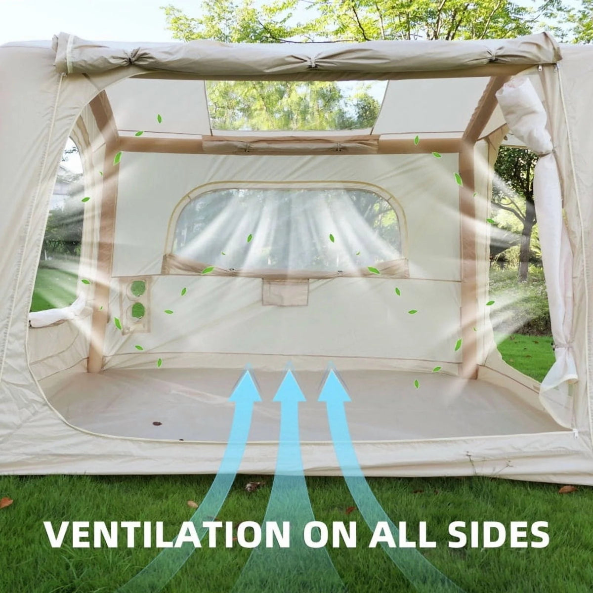 Beige Inflatable Camping Tent, 4-6 Person, 118in L x 98.5in W x 83in H, 4-Season, Oxford