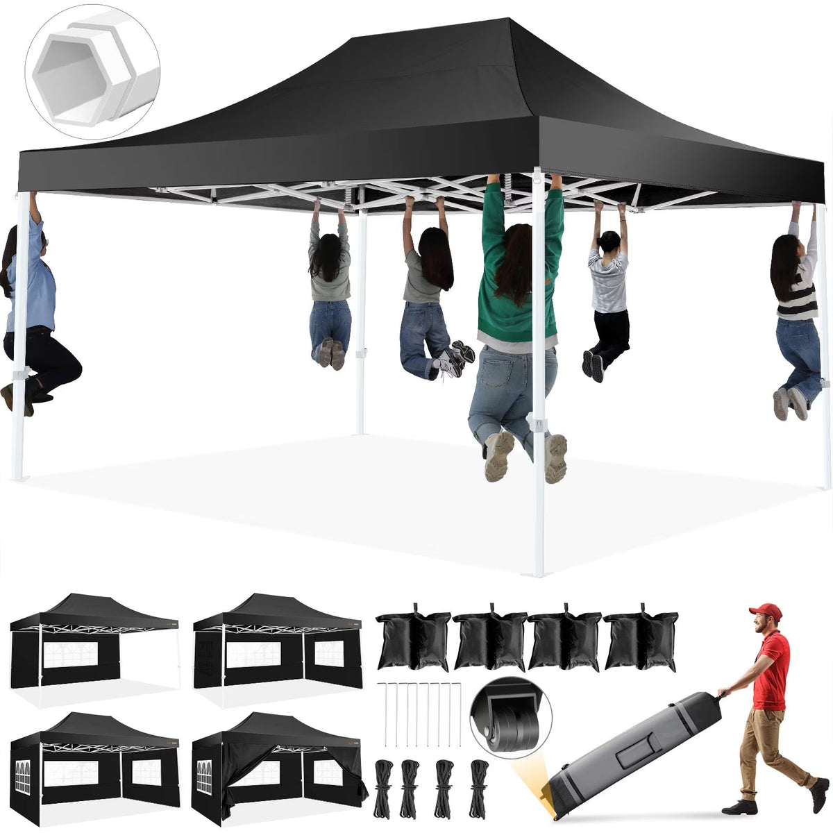 HOTEEL Heavy Duty Pop-Up Canopy Tent 10x15, 4 Sidewalls, Black