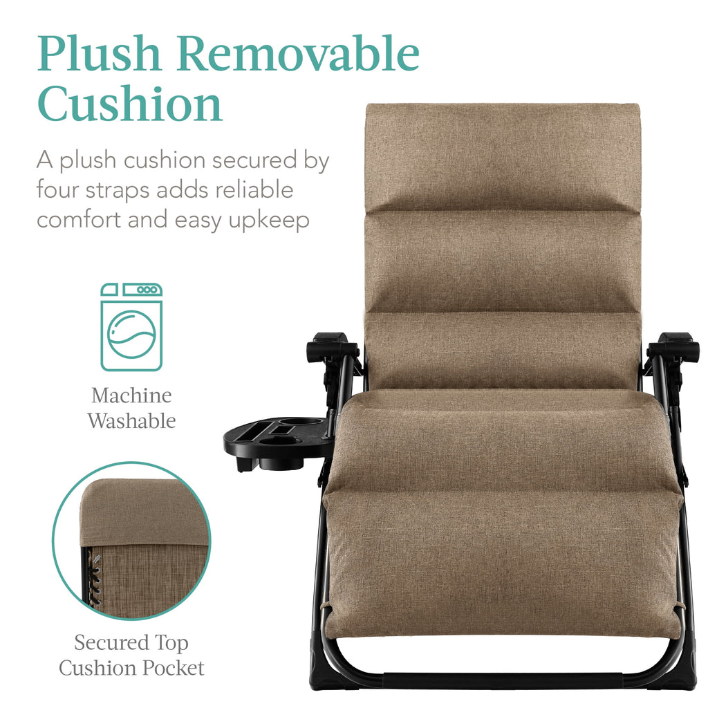 Best Choice Products Oversized Zero Gravity Folding Recliner With Removable Cushion And Side Tray - Fossil Gray