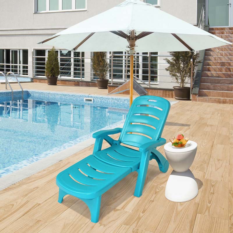 Rolling Folding Plastic Pool Lounge Chair With Armrests, 5 Position - Patio Deck Beach Chair