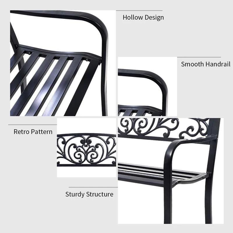 Outdoor Patio Bench With Cast Iron Backrest And Steel Frame, 50 x 23 1/2 x 33 1/2 in