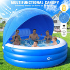 Inflatable Family Lounge Pool With Canopy, Bench And Backrest, 92in x 92in x 26in - Blue