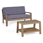 Wilcox Outdoor Acacia Wood Loveseat And Coffee Table Set With Cushions - Grey, Dark Grey