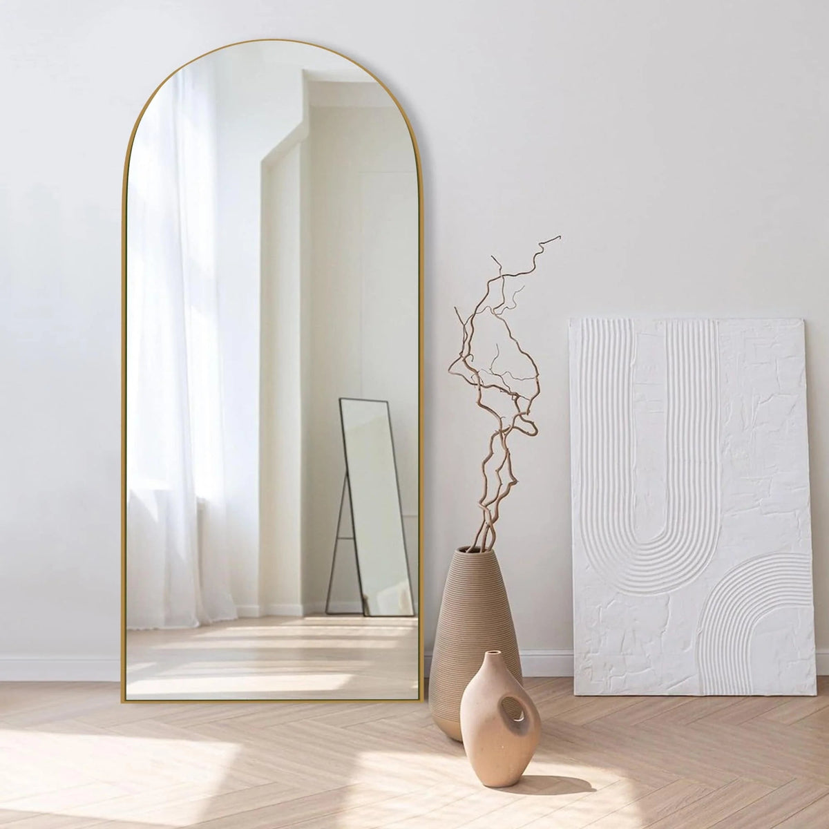 Arched Full-Length Wood Floor Mirror, Black Or Gold, 65x22/71x24/71x28/71x32