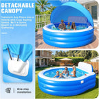 Inflatable Family Lounge Pool With Canopy, Bench And Backrest, 92in x 92in x 26in - Blue