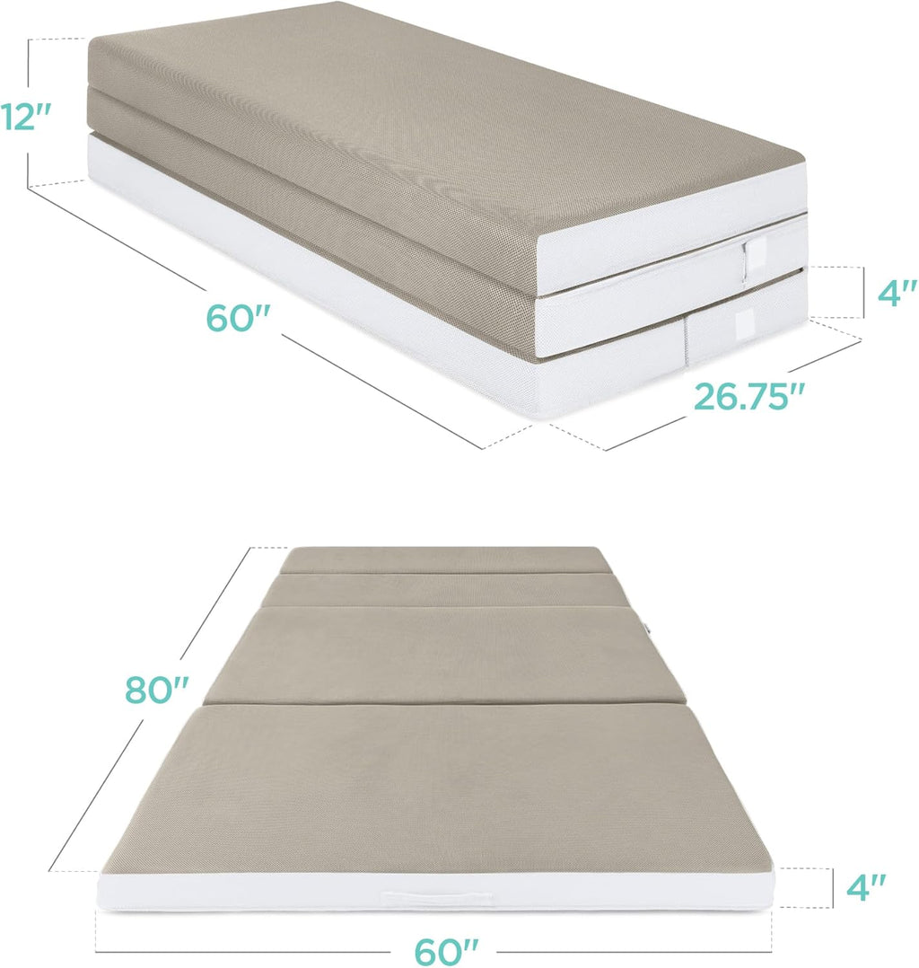 Best Choice Products Queen-Size 4in Tri-Fold Foam Mattress With Carry Case - Grey