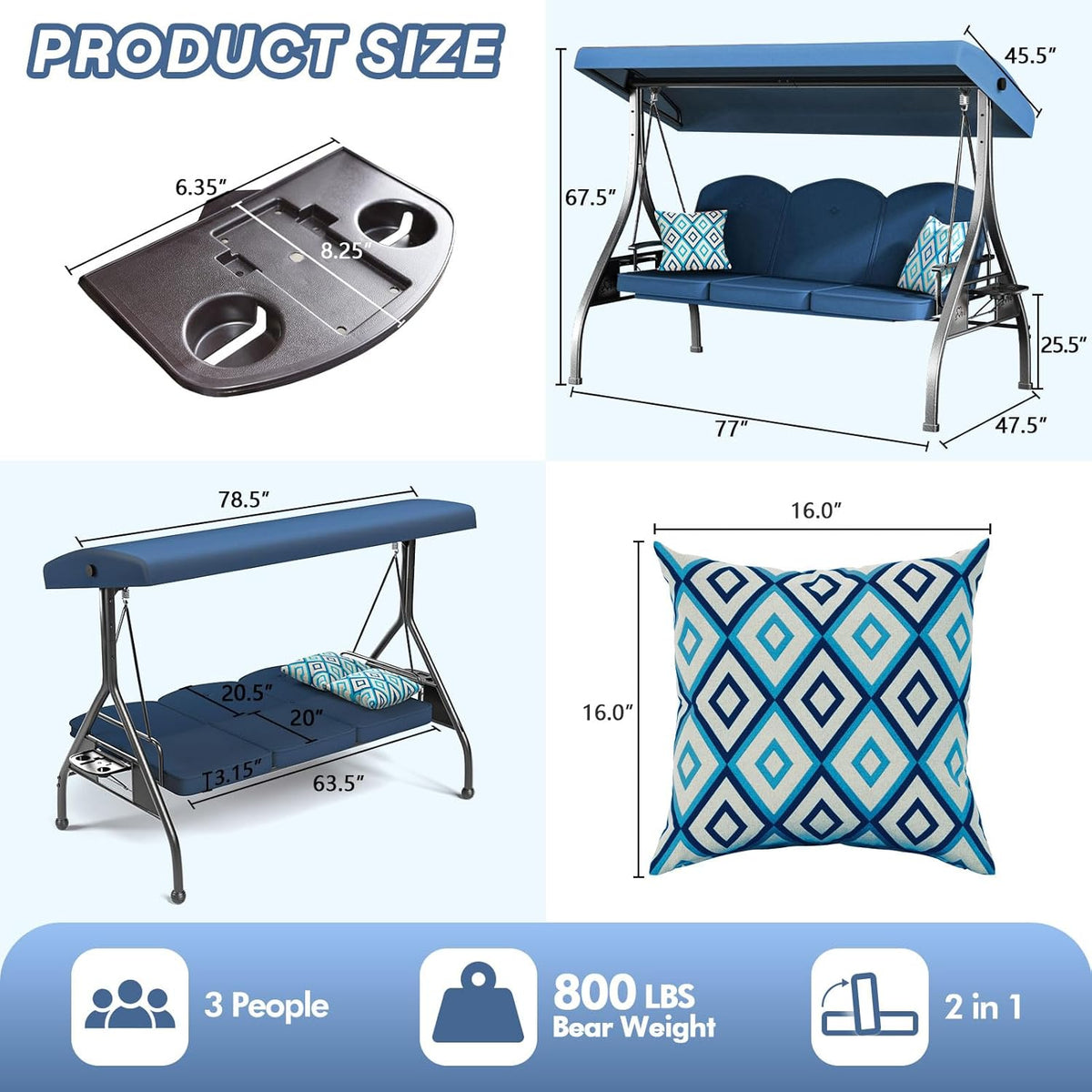 3-Seat Outdoor Patio Swing With Stand, 800 lbs, 2-in-1 Convertible Swing Bed, Adjustable Canopy