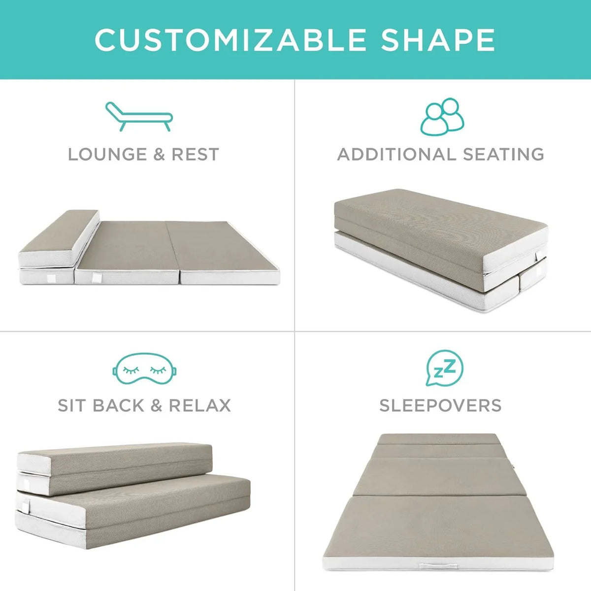 Best Choice Products Queen-Size 4in Tri-Fold Foam Mattress With Carry Case - Grey