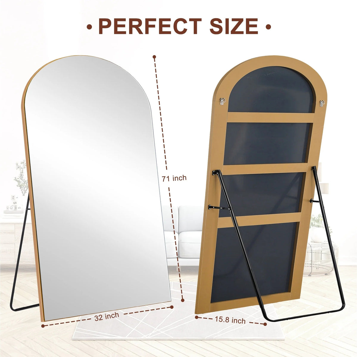 Arched Full-Length Wood Floor Mirror, Black Or Gold, 65x22/71x24/71x28/71x32