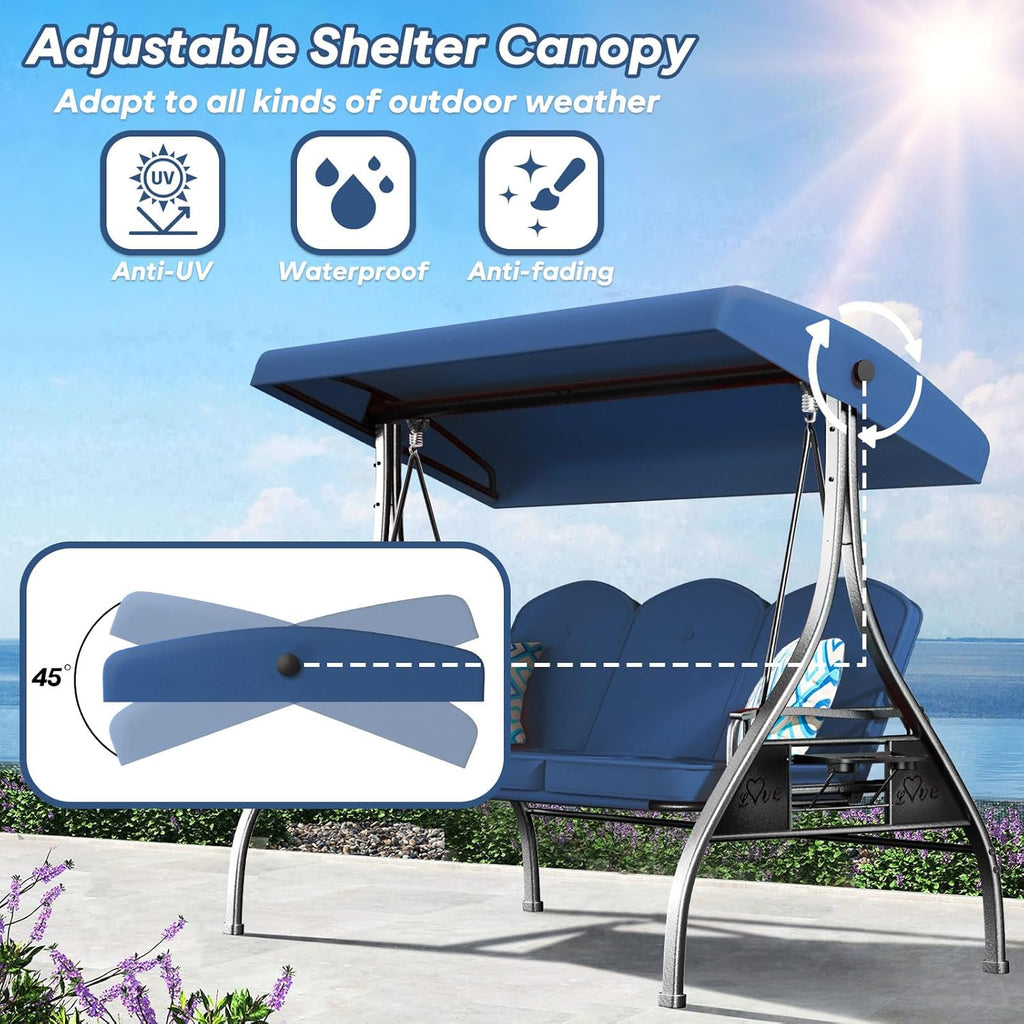 3-Seat Outdoor Patio Swing With Stand, 800 lbs, 2-in-1 Convertible Swing Bed, Adjustable Canopy