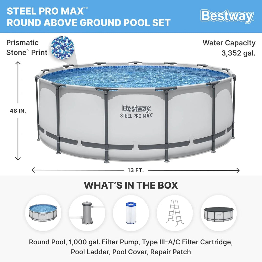 Steel Pro MAX 14 Foot x 48 Inch Round Steel Frame Above Ground Pool Set With 1,000 Filter Pump, Ladder And Cover - Gray