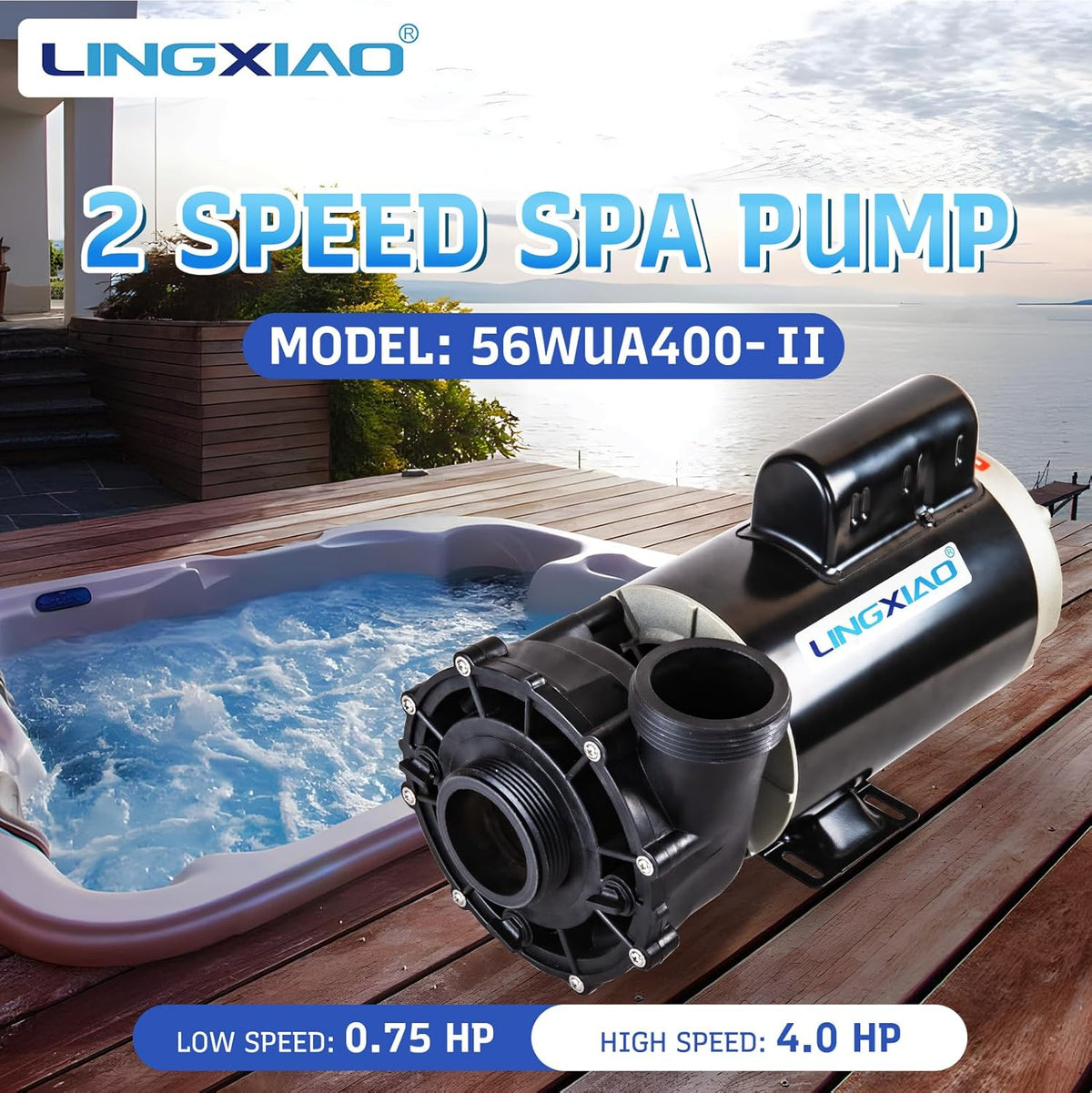 LINGXIAO Spa Pump 4 HP 2 Speed 220-240V 2 in Port 56 Frame - 56WUA400-II