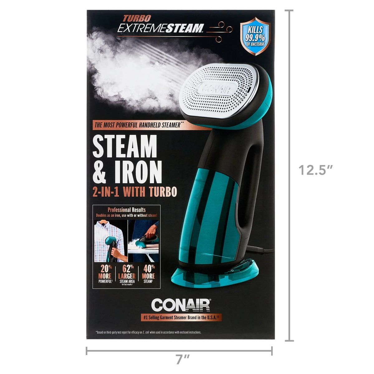 Conair Turbo ExtremeSteam 1875 Watt 2-in-1 Handheld Fabric Steamer and Iron, Black/Green - GS107
