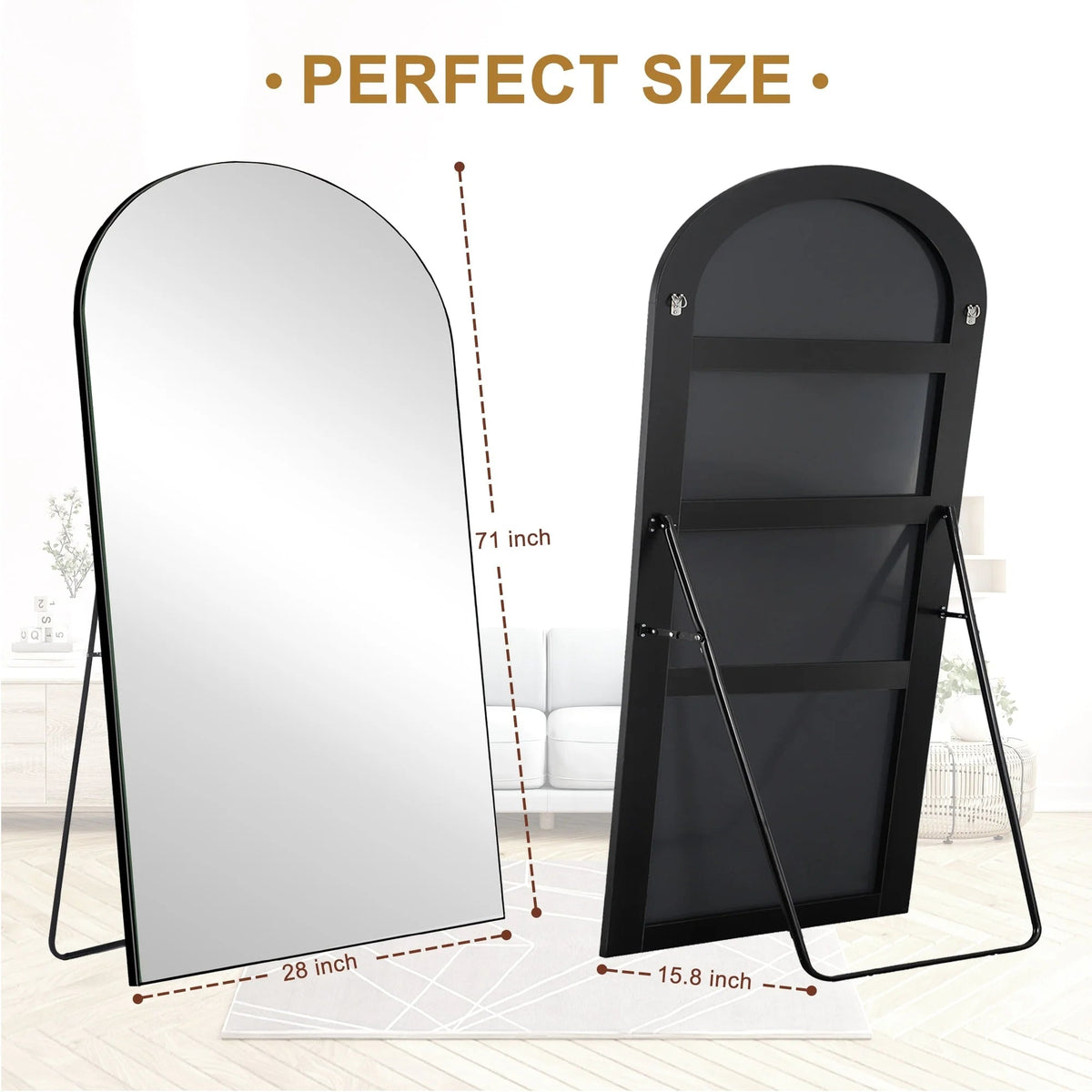 Arched Full-Length Wood Floor Mirror, Black Or Gold, 65x22/71x24/71x28/71x32