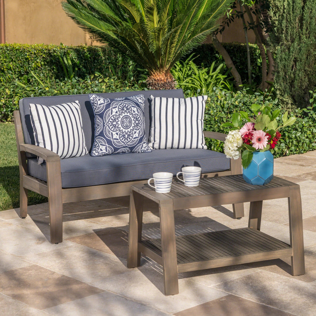 Wilcox Outdoor Acacia Wood Loveseat And Coffee Table Set With Cushions - Grey, Dark Grey