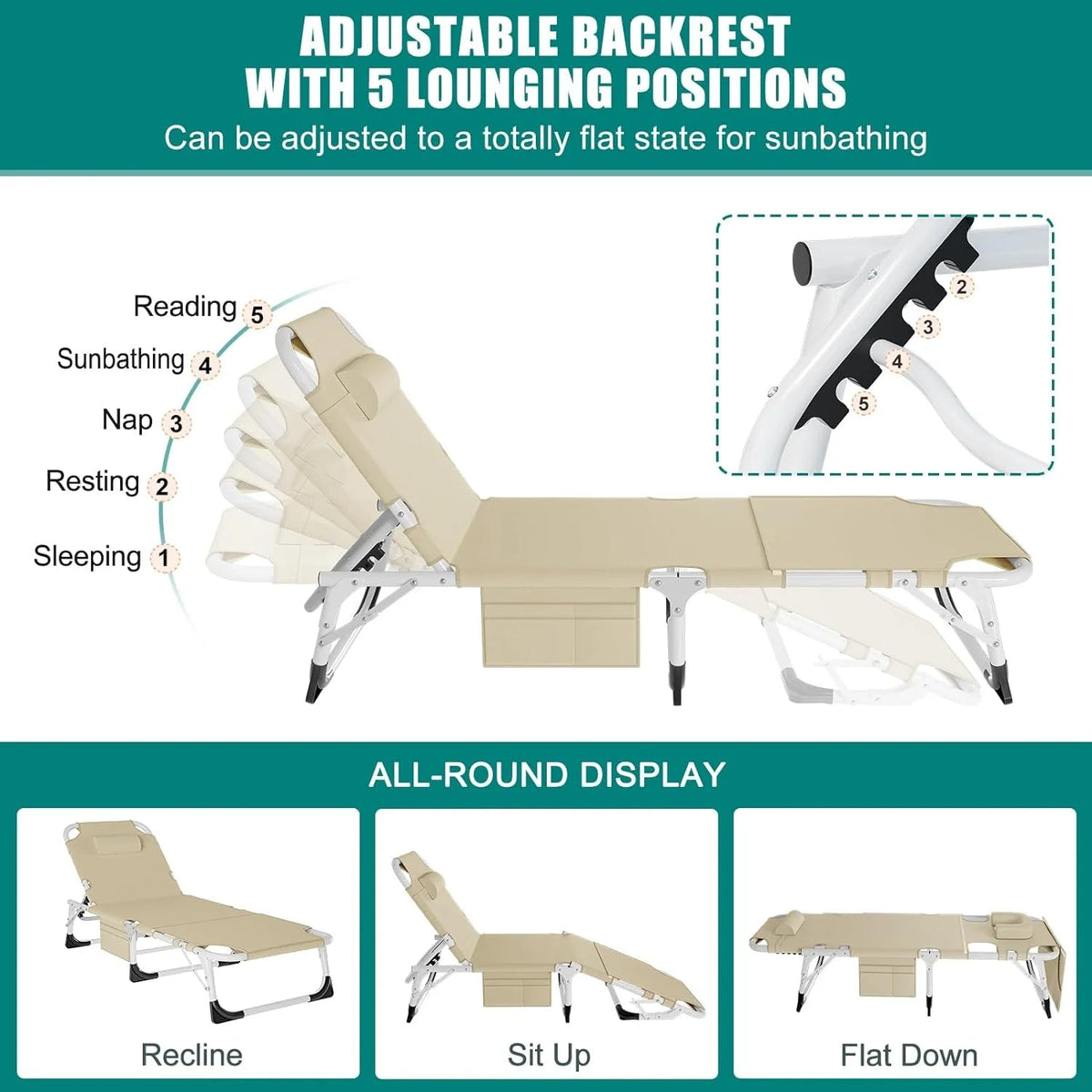 Slsy 5-Position Adjustable Folding Lounge Chair And Cot - 75.2" x 25.6" x 11.8"