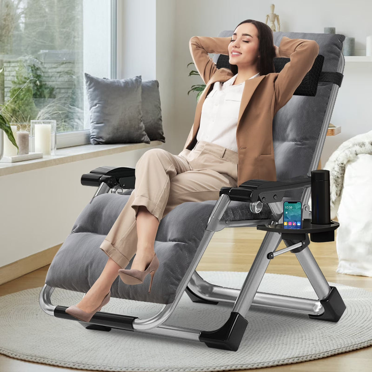 NAIZEA Zero Gravity Chair With Removable Cushion, Cup Holder, and Black Color