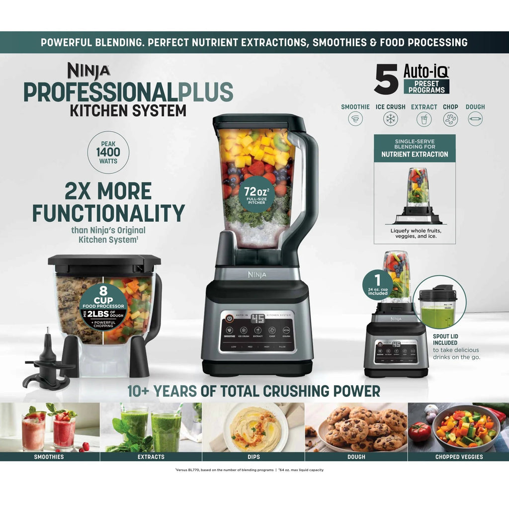 Ninja Professional Plus Kitchen System, 1400 Watts, 72 oz Blender Pitcher, 64 oz Processor Bowl, 24 oz To-Go Cups - BN800