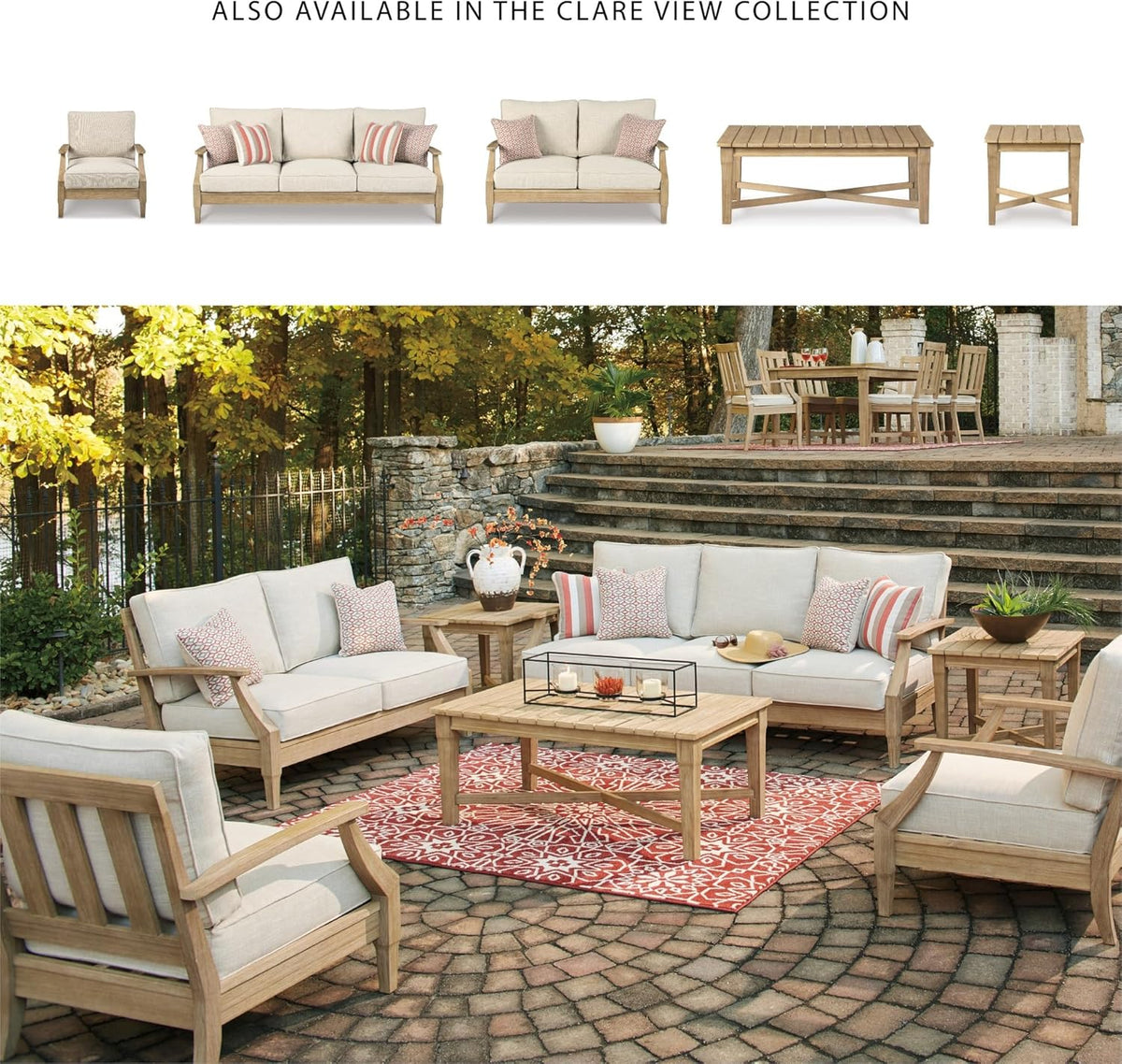 Signature Design by Ashley Clare View Outdoor Patio Eucalyptus Sofa With Cushions, Beige