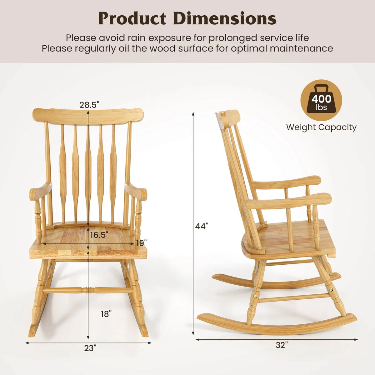 Costway Rubber Wood Rocking Chair, White, 22 x 32 x 44 in, 300 lbs