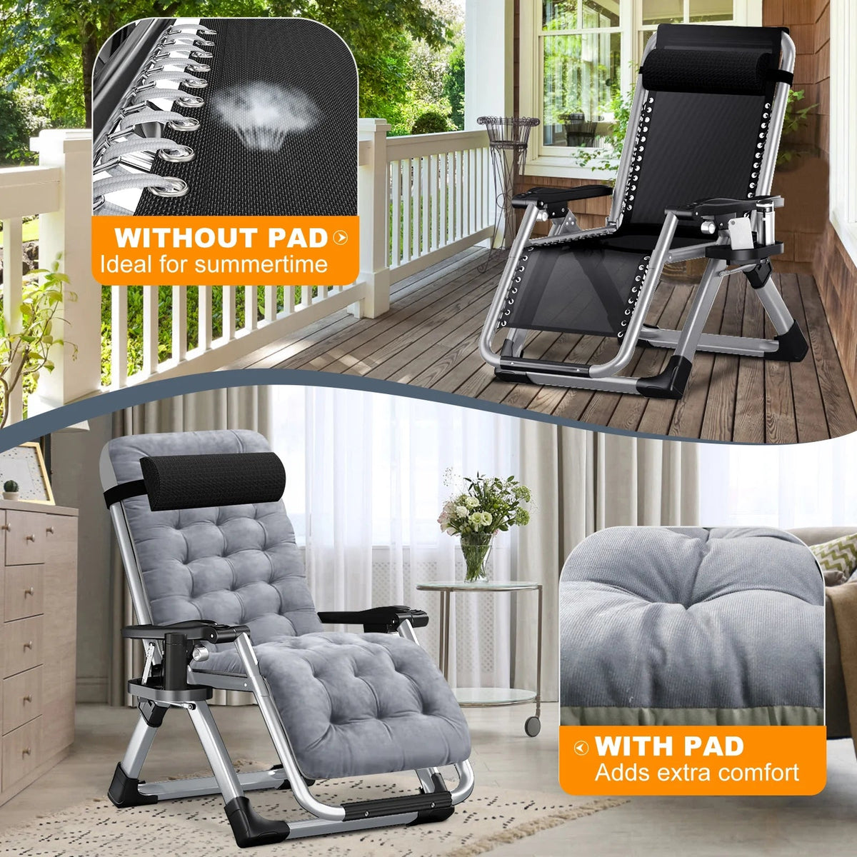 NAIZEA Zero Gravity Chair With Removable Cushion, Cup Holder, and Black Color