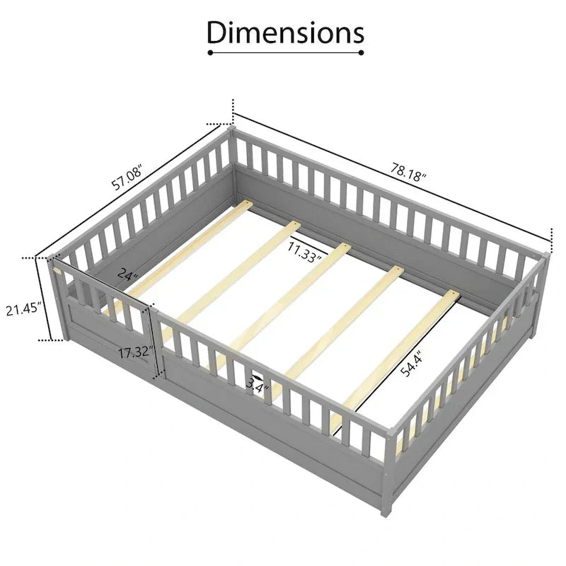 Montessori Children's Floor Bed With Support Slat, Twin / Full, Pine And Plywood
