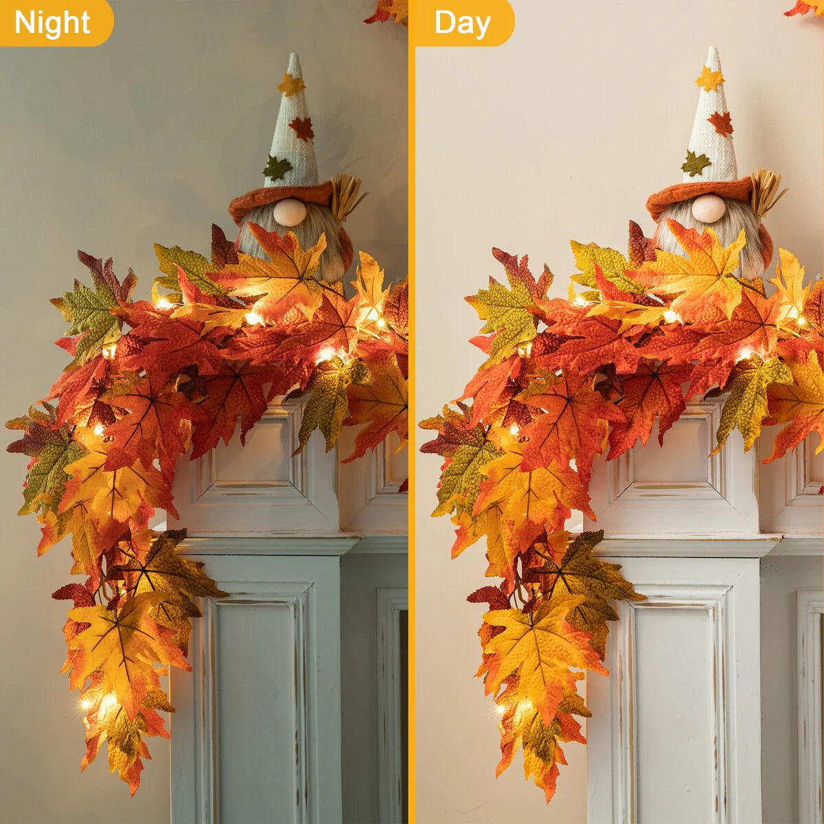 Thanksgiving LED Lighted Fall Maple Leaf Wreath And Garland, 24 in Wreath / 72 in Garland - 20 Clear Lights