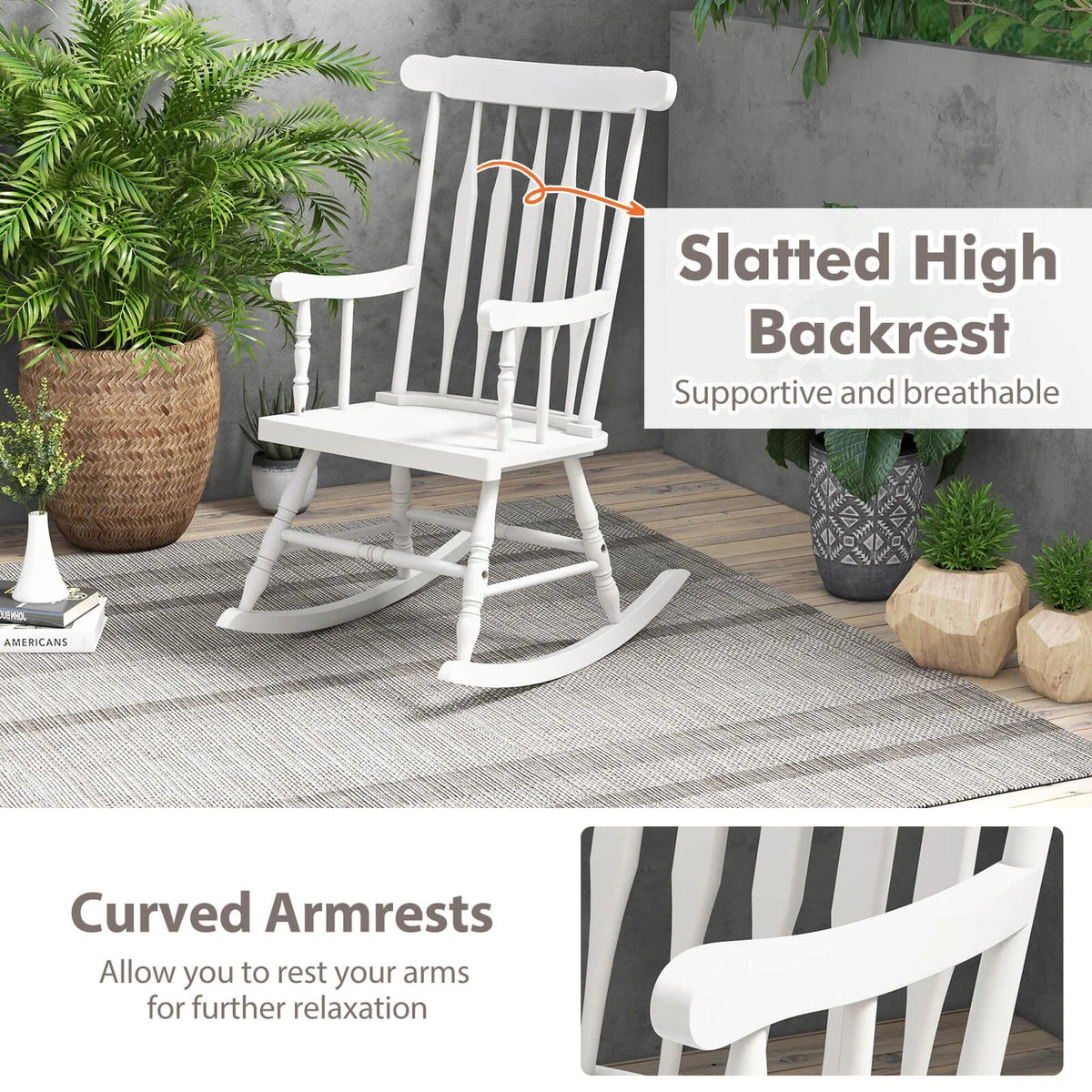 Costway Rubber Wood Rocking Chair, White, 22 x 32 x 44 in, 300 lbs