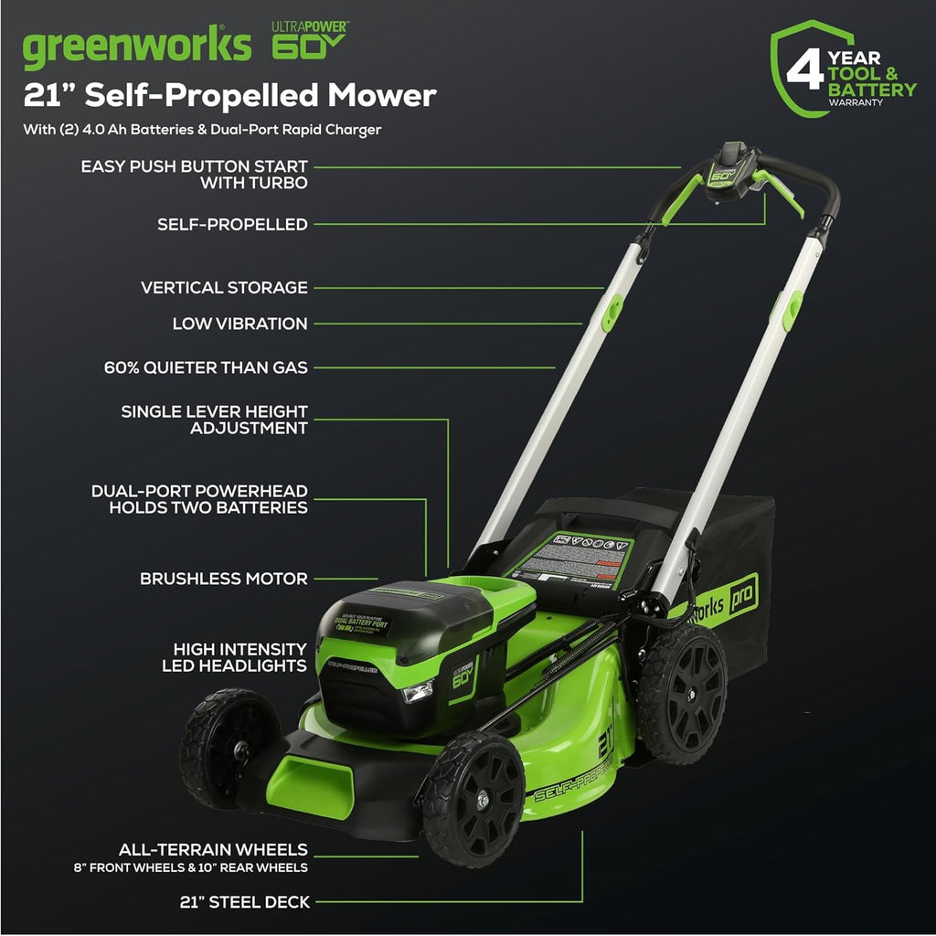 Greenworks Cordless Self-Propelled Lawn Mower 60V 21in - 2 x 4.0Ah Batteries