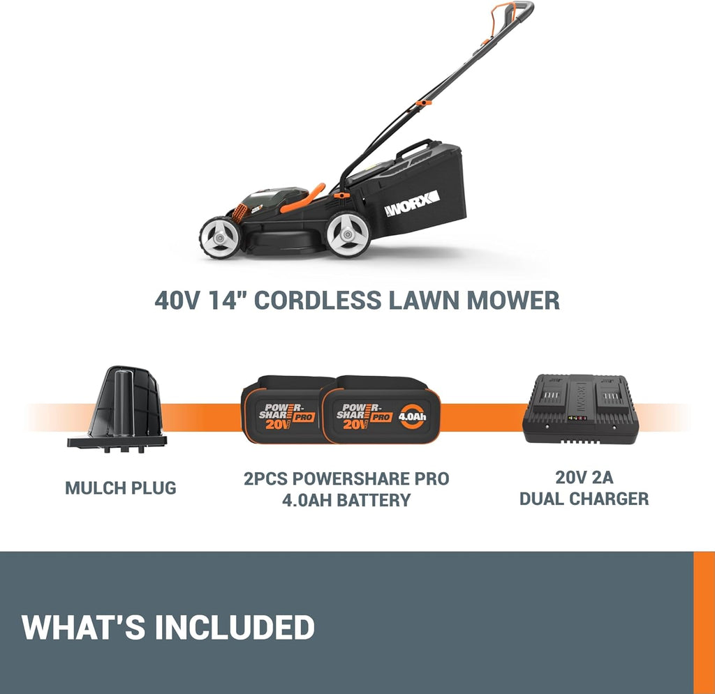 WORX 40V 14in Cordless Lawn Mower With 2 Batteries And Dual Charger - WG779