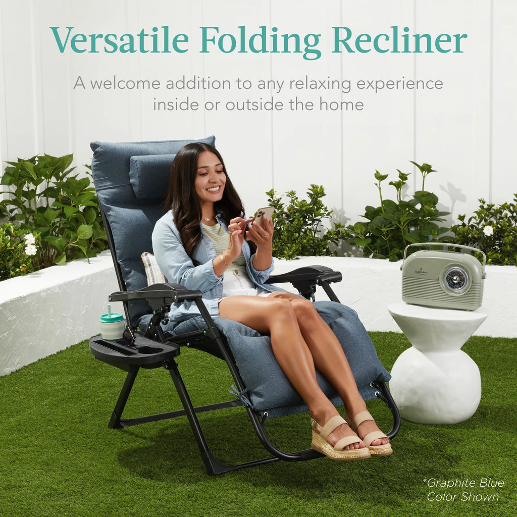 Best Choice Products Oversized Zero Gravity Folding Recliner With Removable Cushion And Side Tray - Fossil Gray
