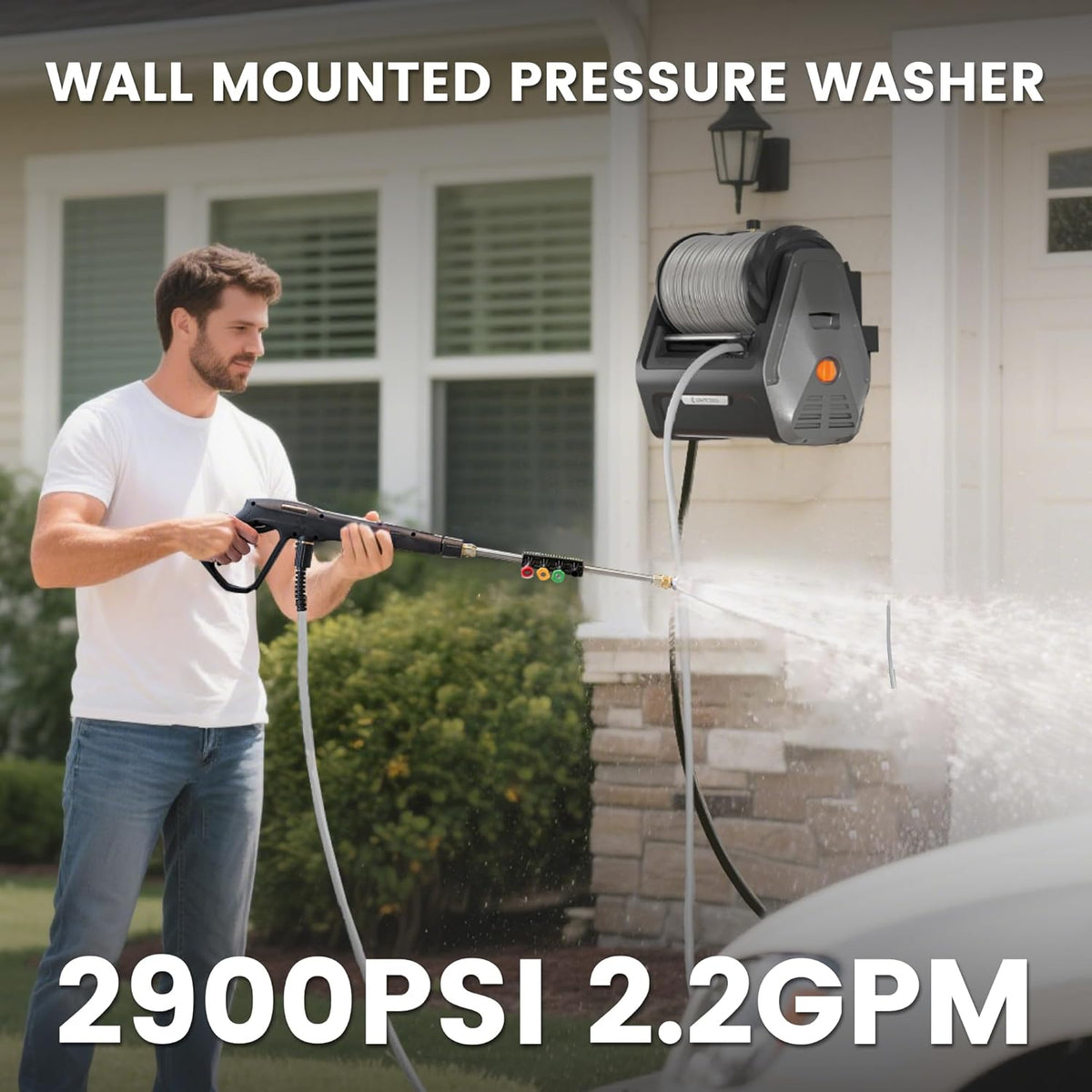 Giraffe Tools Grandfalls Retractable Wall Mount Pressure Washer Plus, 100ft Hose, 2900PSI, 2.2 GPM, Dark Silver - Grandfalls