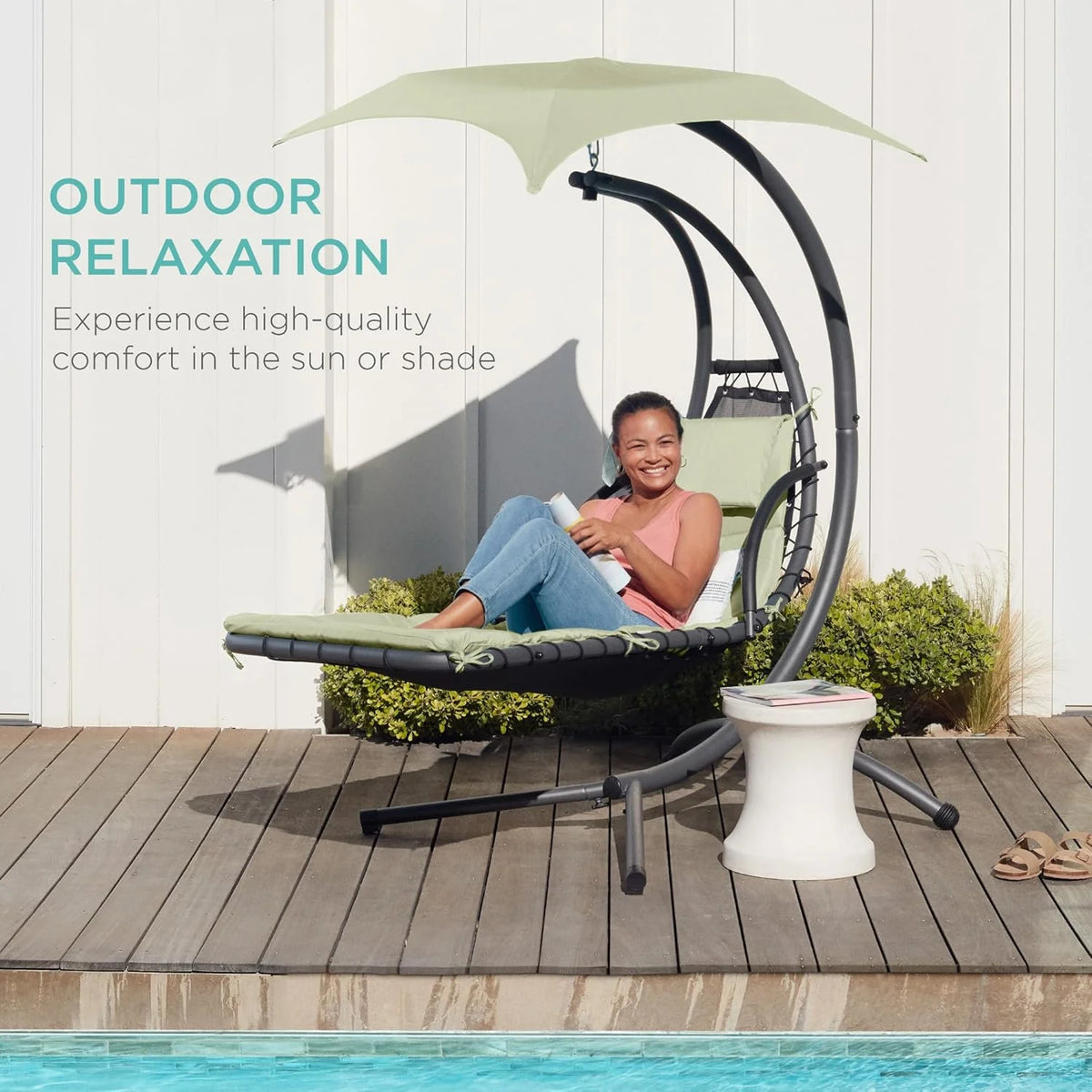 Best Choice Products Outdoor Hanging Steel Chaise Lounge Chair With Canopy, Charcoal Gray - SKY5871