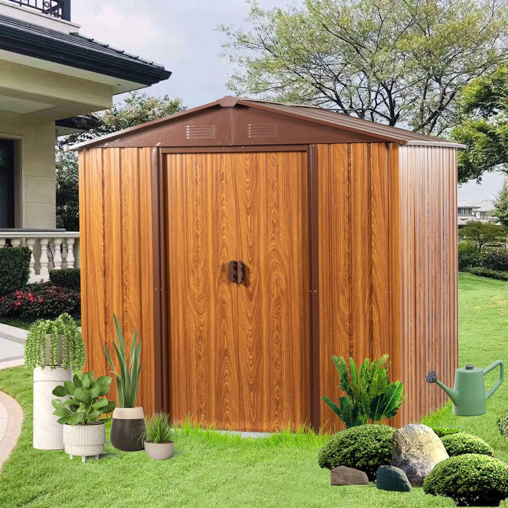 Outdoor Metal Storage Shed 6.36 x 5.7ft With Floor Frame, Sliding Doors, Brown & Wood Grain, No Window