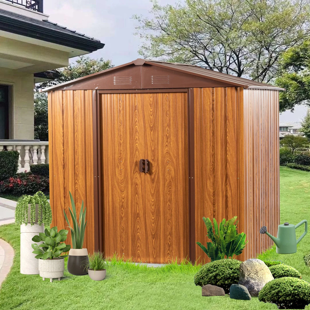 Outdoor Metal Storage Shed 6.36 x 5.7ft With Floor Frame, Sliding Doors, Brown & Wood Grain, No Window
