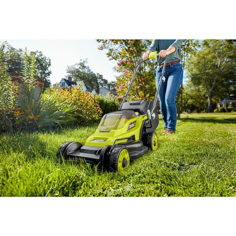 RYOBI ONE+ 18V Cordless 13 in Lawn Mower and 10 in String Trimmer Kit with 4.0 Ah Battery and Charger - P1180-4X