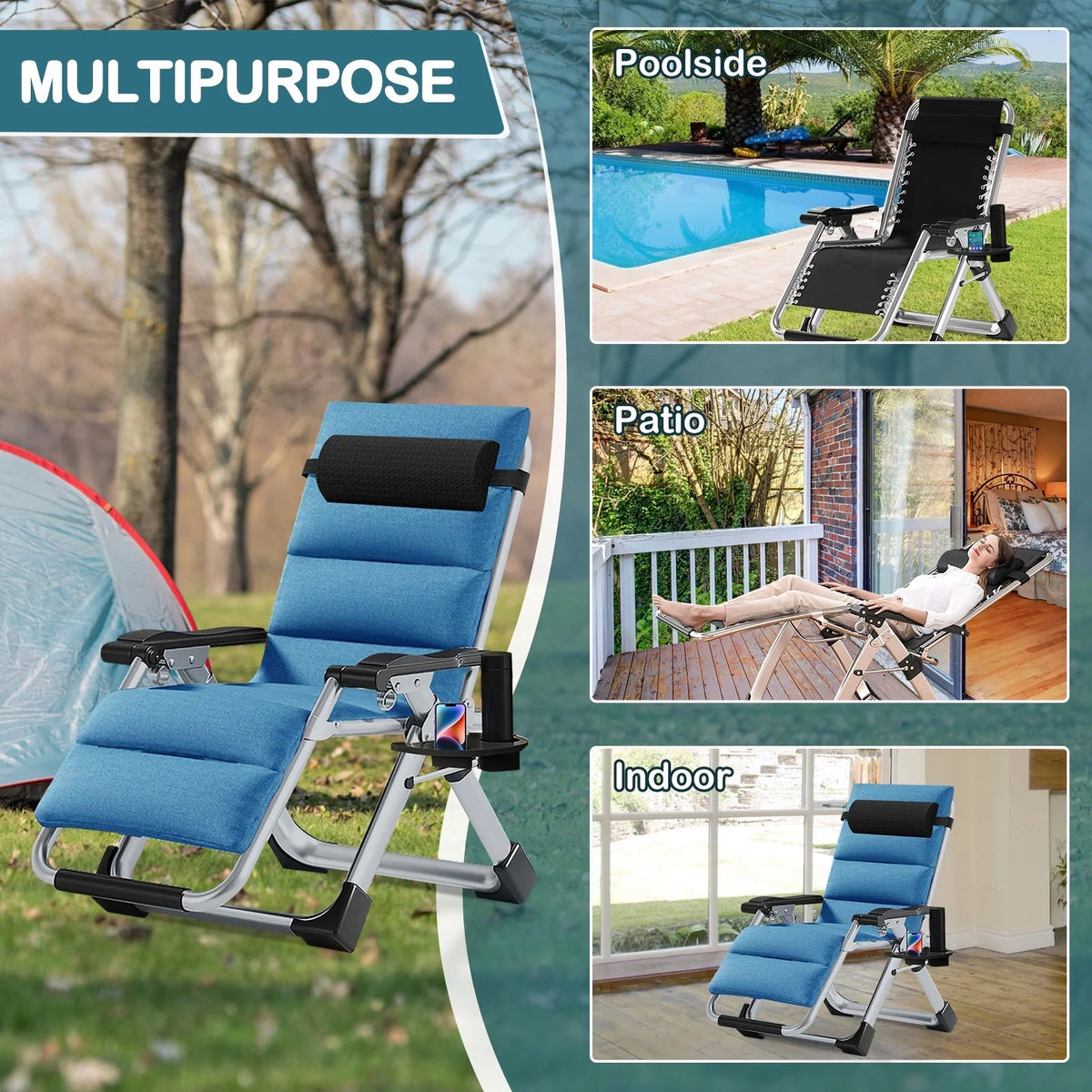 NAIZEA Zero Gravity Chair With Removable Cushion, Cup Holder, and Black Color