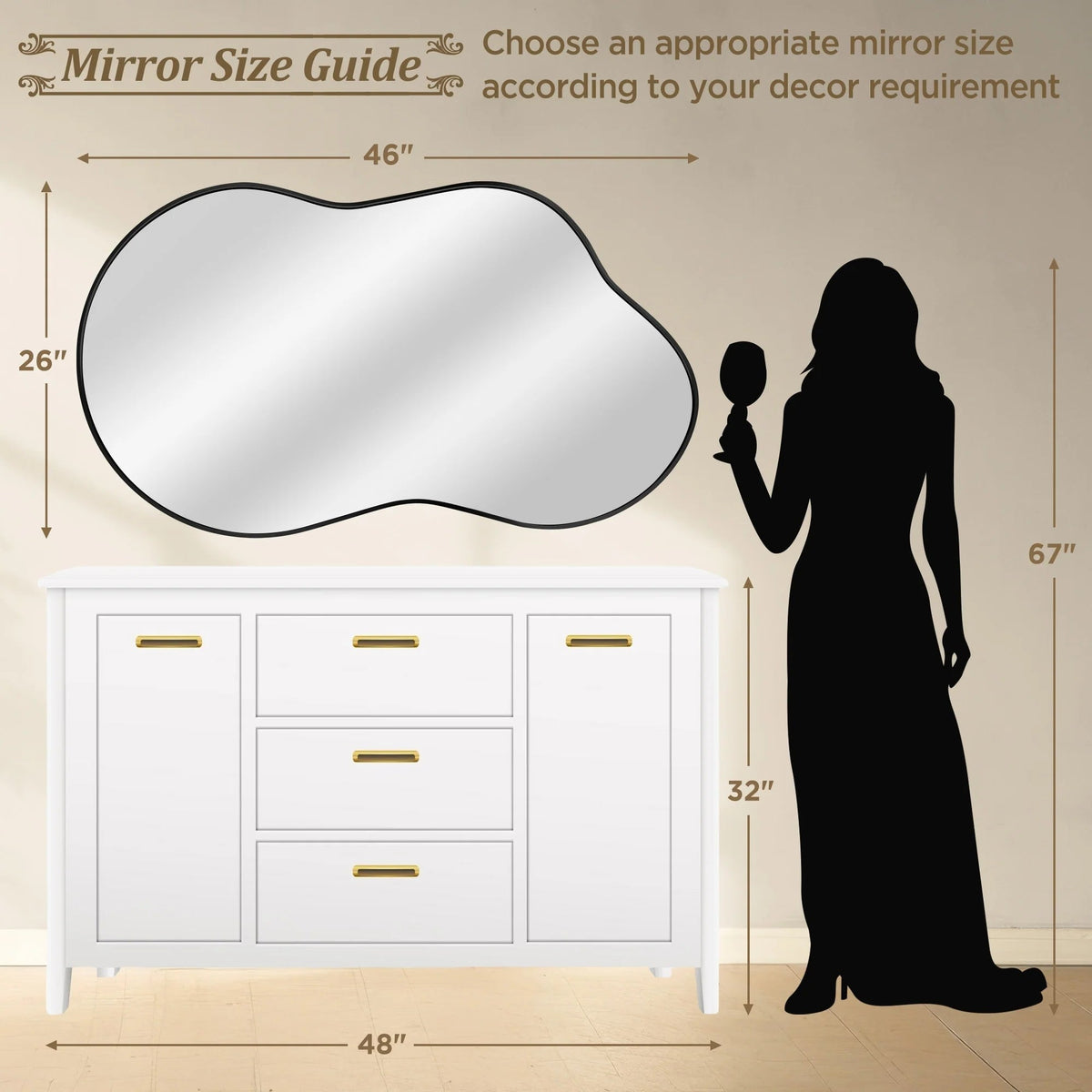 Asymmetrical Irregular Wall Mirror, 20x36, 24x36, Or 26x46, Gold, Black, Or Silver