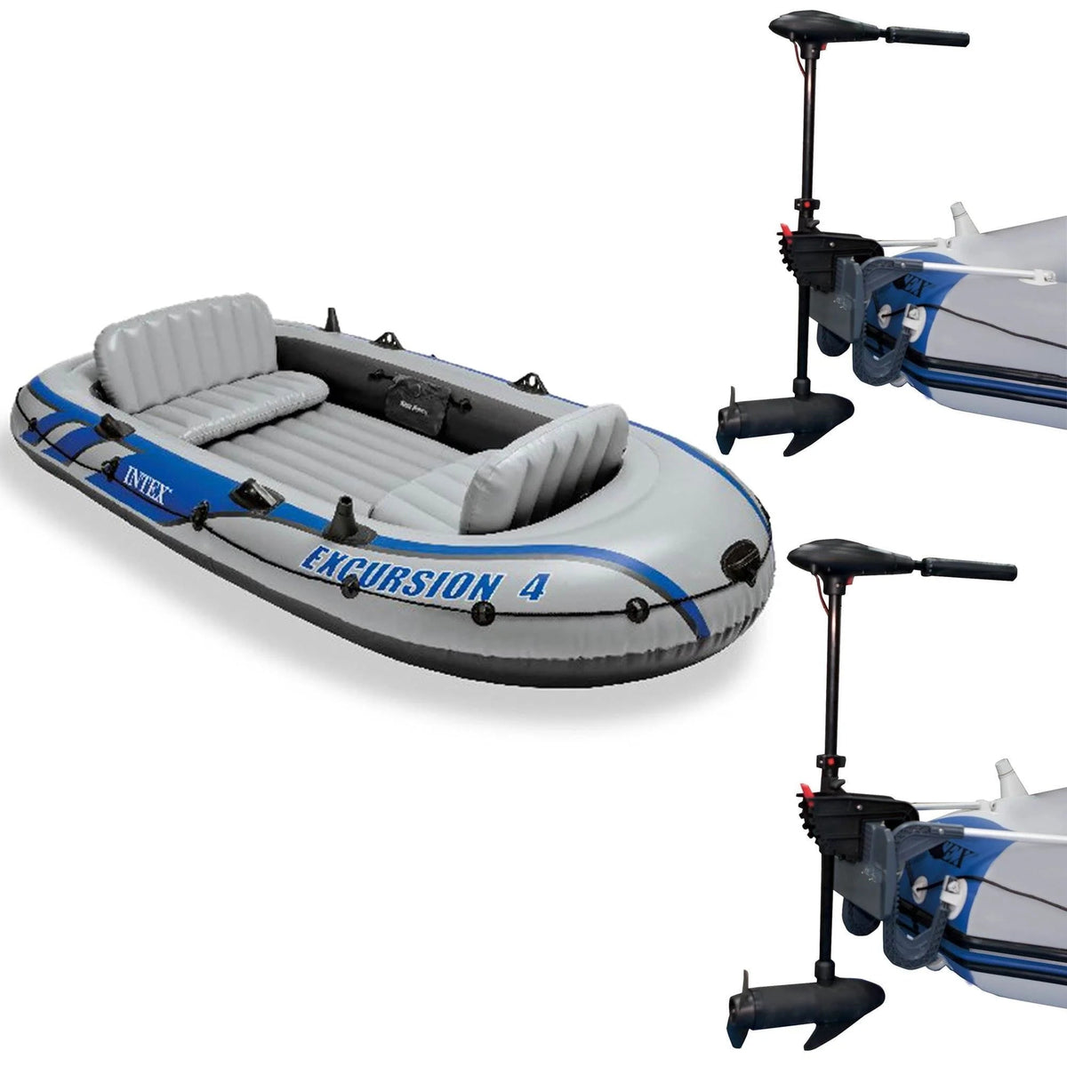 Intex Excursion 4 Inflatable Raft Set With 2 Transom Mount 8 Speed Trolling Motors