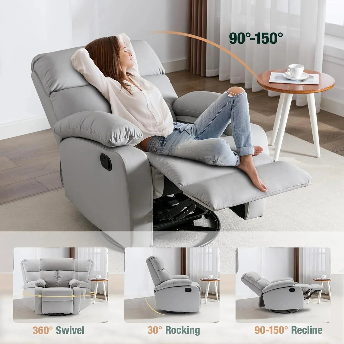 Swivel Rocker Recliner Chair For Compact Spaces - 32in D x 30.2in W x 38.9in H