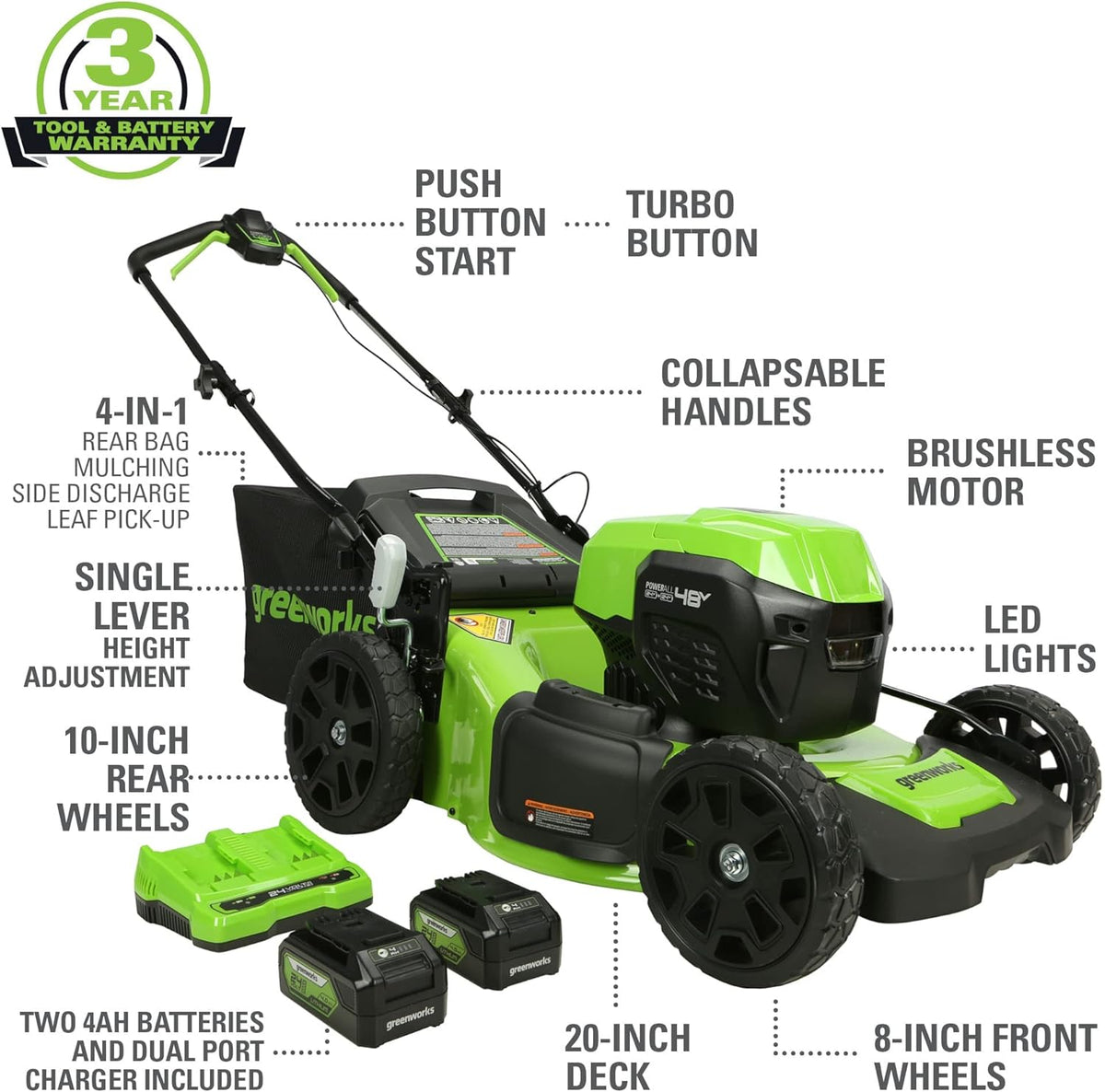 Greenworks 48V (24V x 2) 20in Cordless Battery Mower, 12in String Trimmer/Edger And 320 CFM Blower Combo Kit - 4.0Ah Batteries