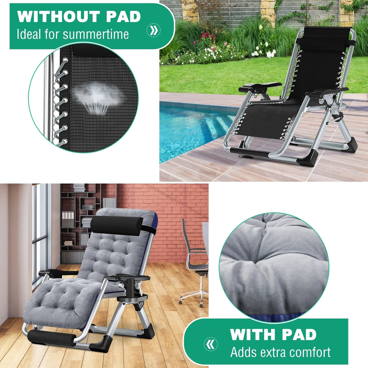 NAIZEA Zero Gravity Chair With Removable Cushion, Cup Holder, and Black Color