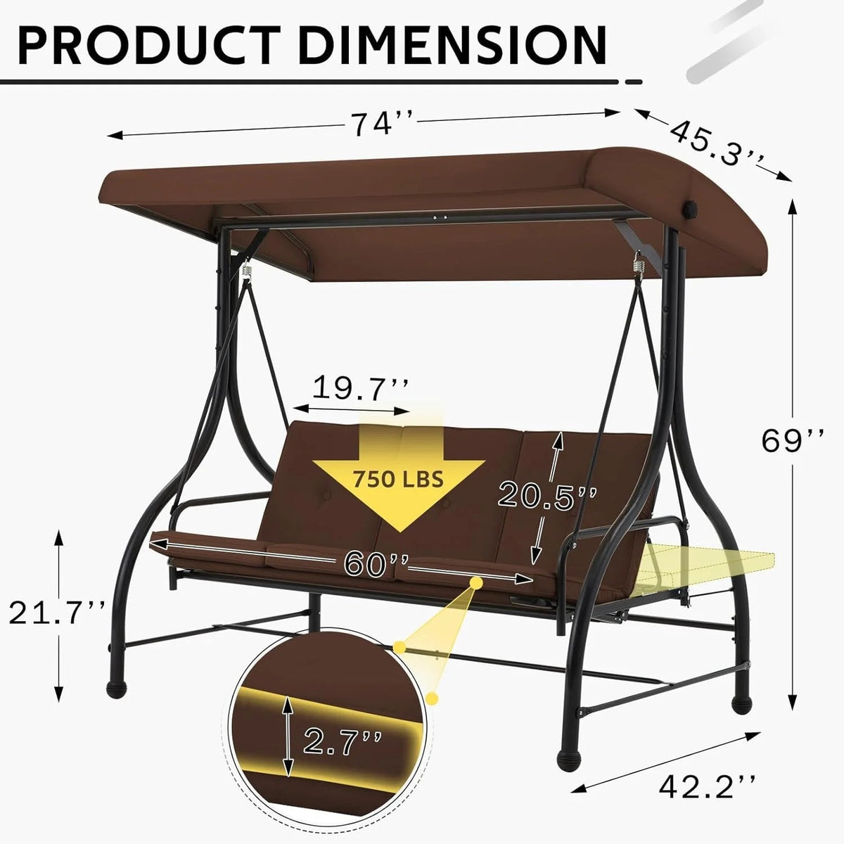 AECOJOY 3-Person Steel Canopy Porch Swing Glider Hammock